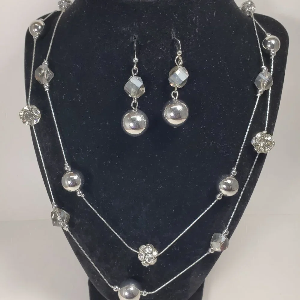 Layered Shimmering Silver-tone Crystal Ball Beaded Necklace & Matching Earrings